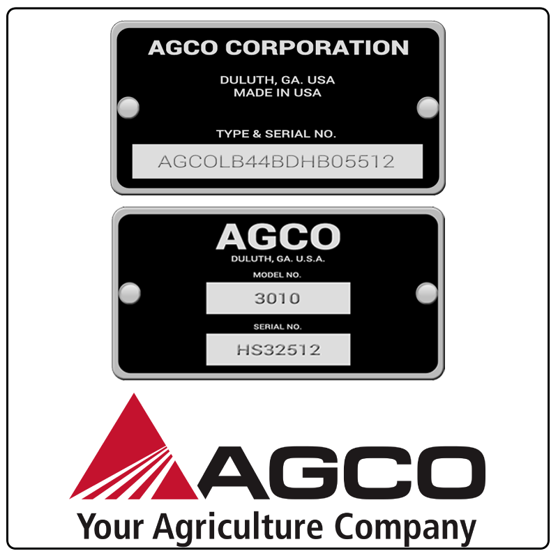 examples of what AGCO model tags usually look like and a large AGCO logo