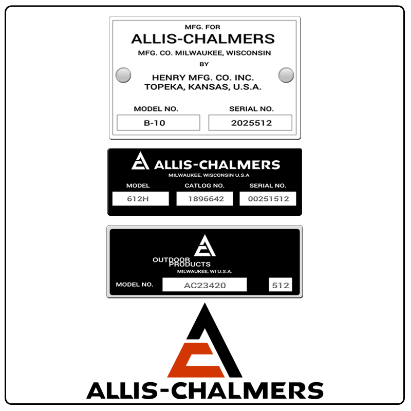 examples of what Allis-Chalmers model tags usually look like and a large Allis-Chalmers logo