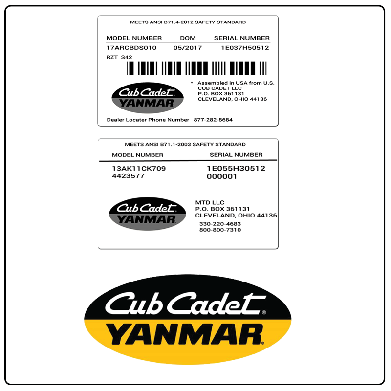 examples of what Cub Cadet Yanmar model tags usually look like and a large Cub Cadet Yanmar logo