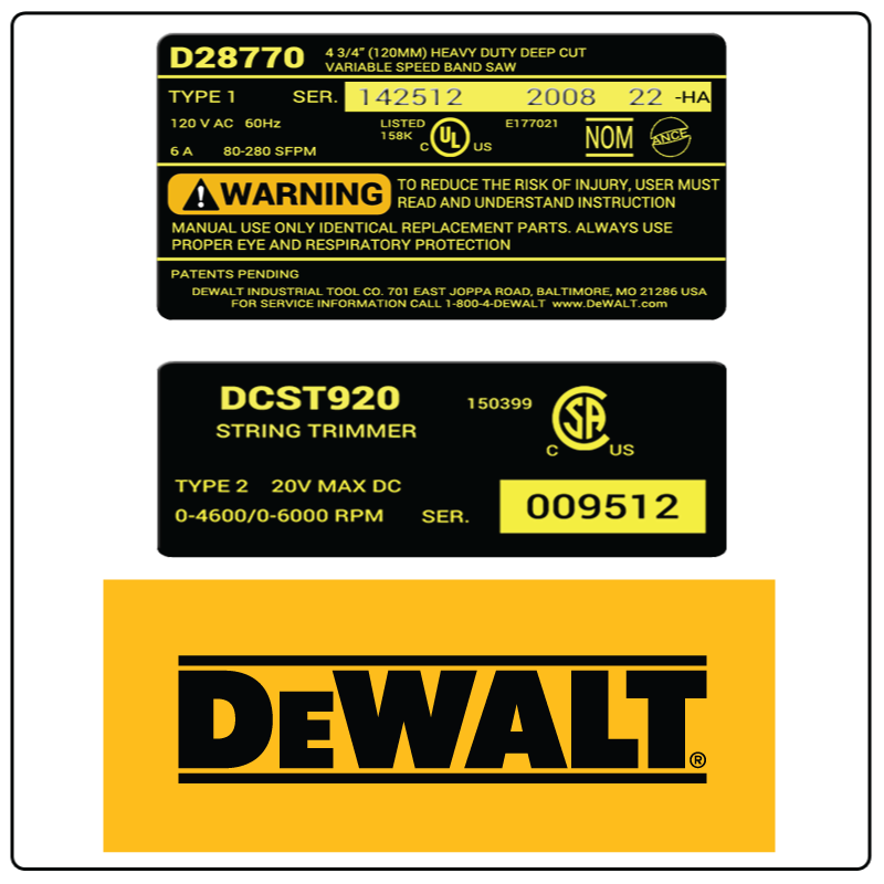 examples of what Dewalt model tags usually look like and a large Dewalt logo