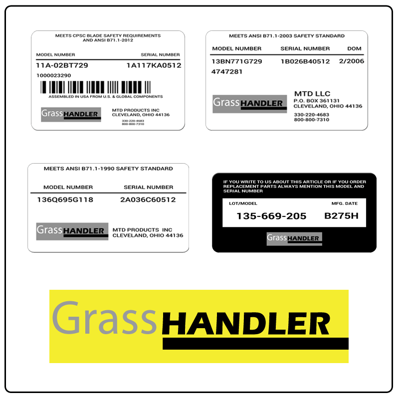 examples of what Grass Handler model tags usually look like and a large Grass Handler logo