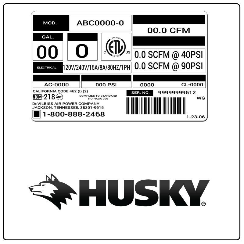 examples of what Husky model tags usually look like and a large Husky logo