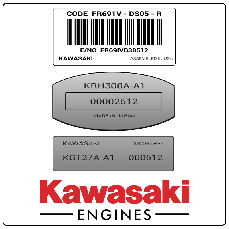 examples of what Kawasaki model tags usually look like and a large Kawasaki logo
