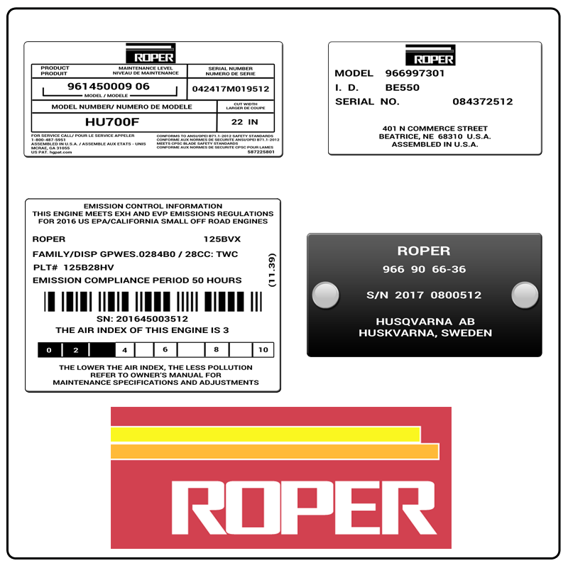 examples of what Roper model tags usually look like and a large Roper logo