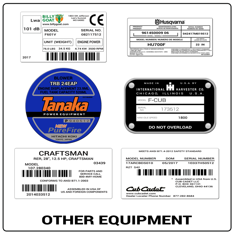 examples of what Other Equipment model tags usually look like and a large Other Equipment logo