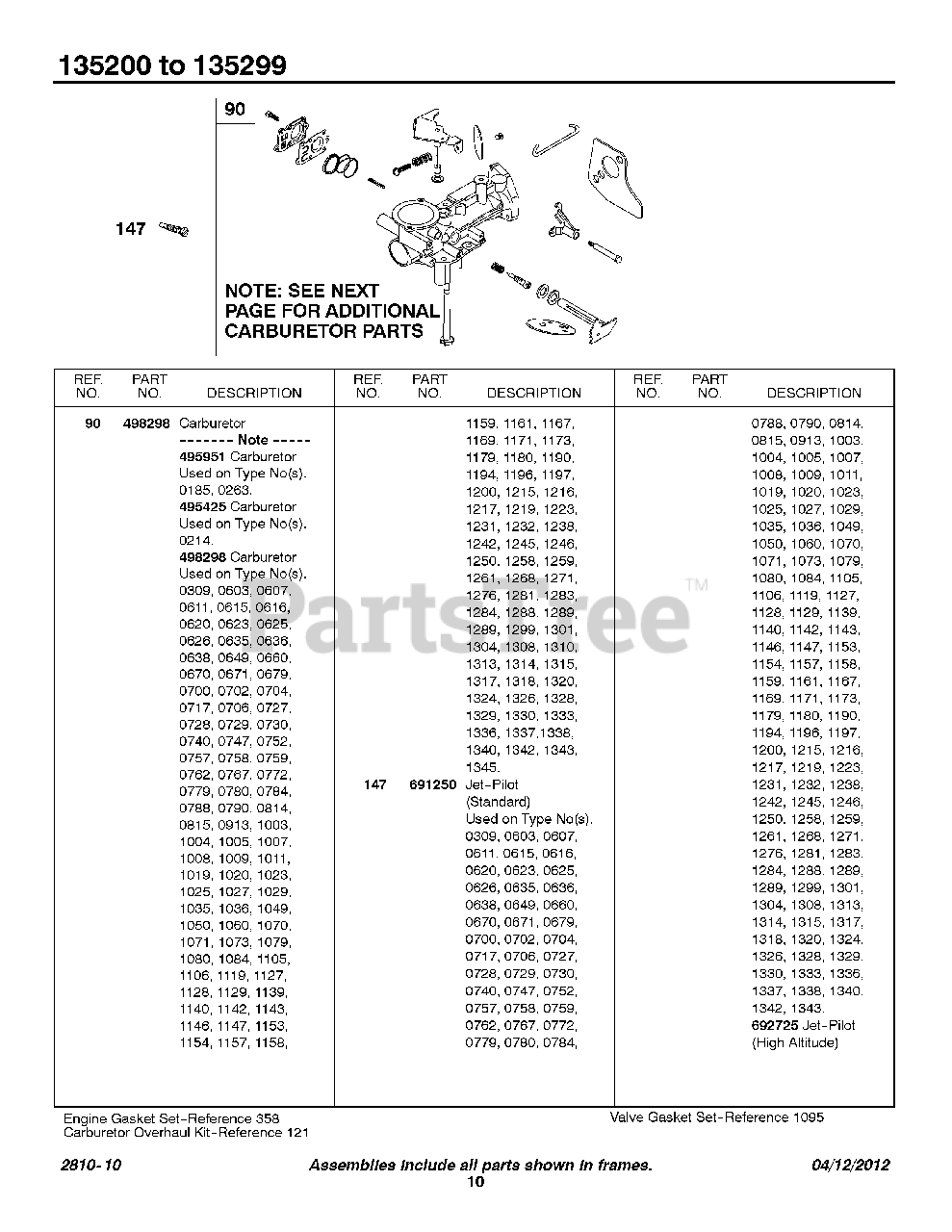 Details about   498298 Carburetor For Briggs & Stratton B&S 135202-0142-03 135202-0145-01 Engine