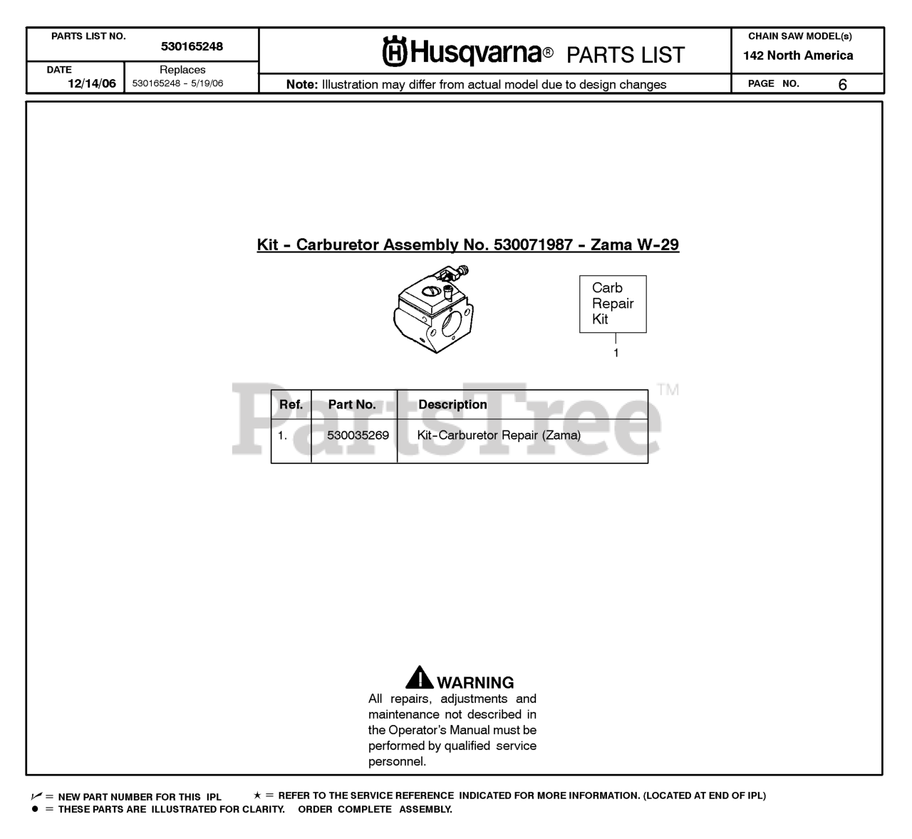 Husqvarna 142 Husqvarna Chainsaw (SN 20064900001 20070100000) CARBURETOR Parts Lookup with