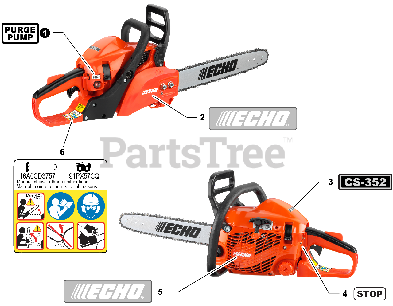 Echo CS352 Echo Chainsaw (SN C70415001001 C70415999999) Labels