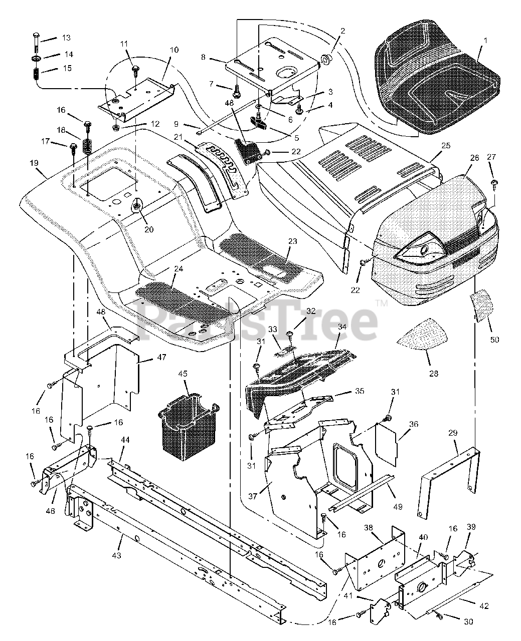 Scotts 42571x8D Scotts 42" Lawn Tractor (2001) Chassis And Hood Parts Lookup with Diagrams