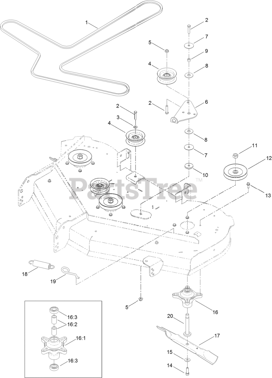 Toro 74770 MX 5050 Toro 50 TimeCutter Zero Turn Mower SN 315000001 315999999 2015 50 INCH DECK BELT SPINDLE AND BLADE ASSEMBLY Parts Lookup with Diagrams PartsTree