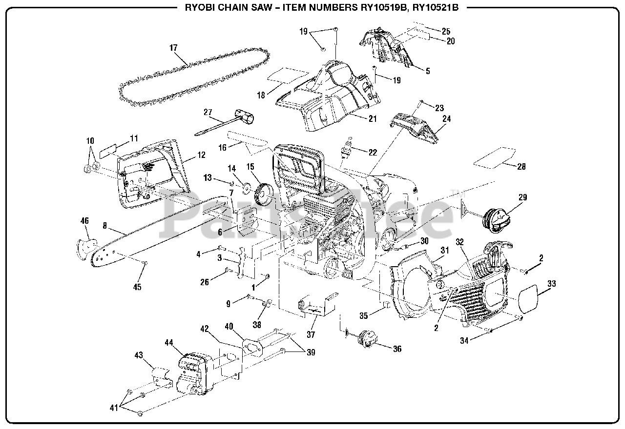 Ryobi RY 10521 B Ryobi Chainsaw, 46cc General Assembly Parts Lookup