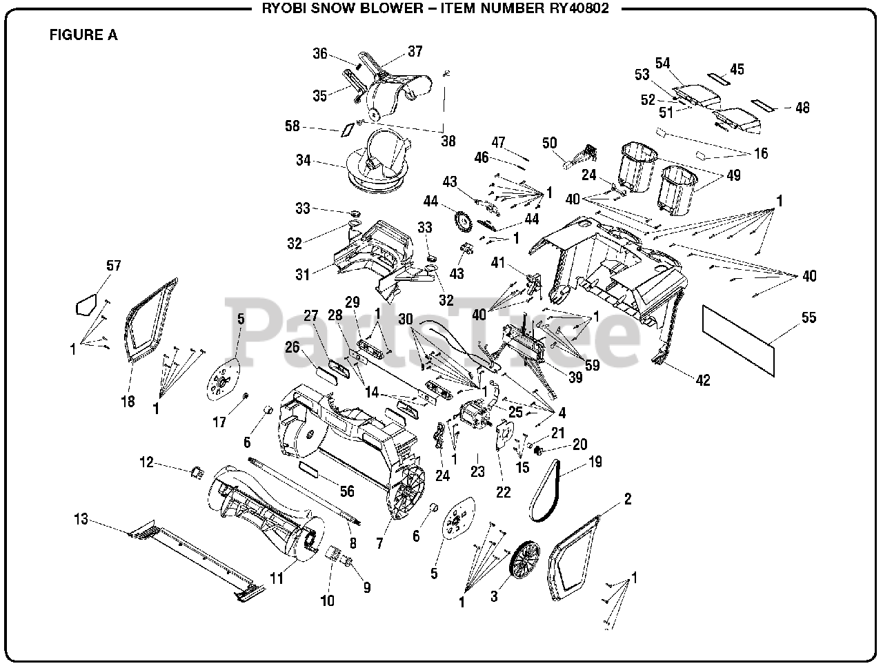 Ryobi RY 40802 (107700002) - Ryobi Snow Blower, 40 Volt Figure A Parts