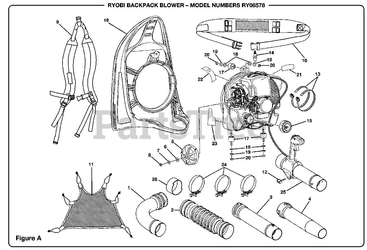 Ryobi RY 08578 Ryobi Backpack Blower Figure A Parts Lookup with