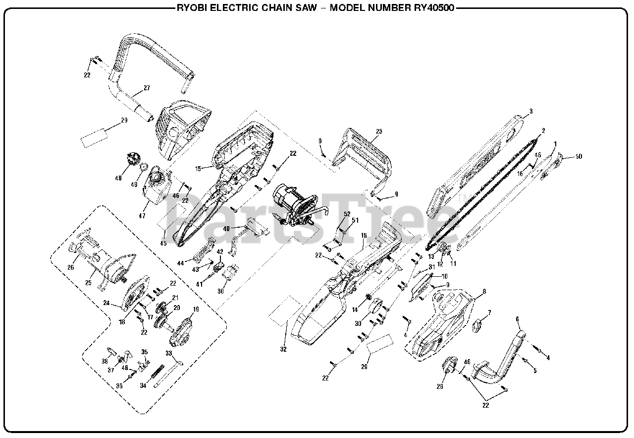 Ryobi RY 40500 Ryobi 40V Chainsaw General Assembly Parts Lookup