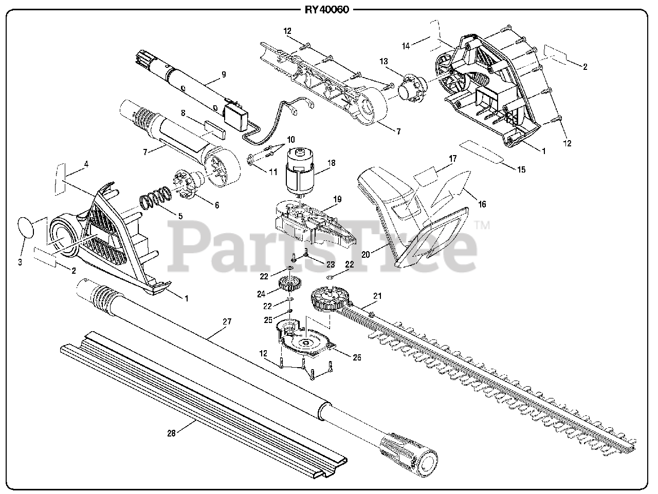 Ryobi RY 40060 Ryobi 40V Hedge Trimmer General Assembly Parts Lookup