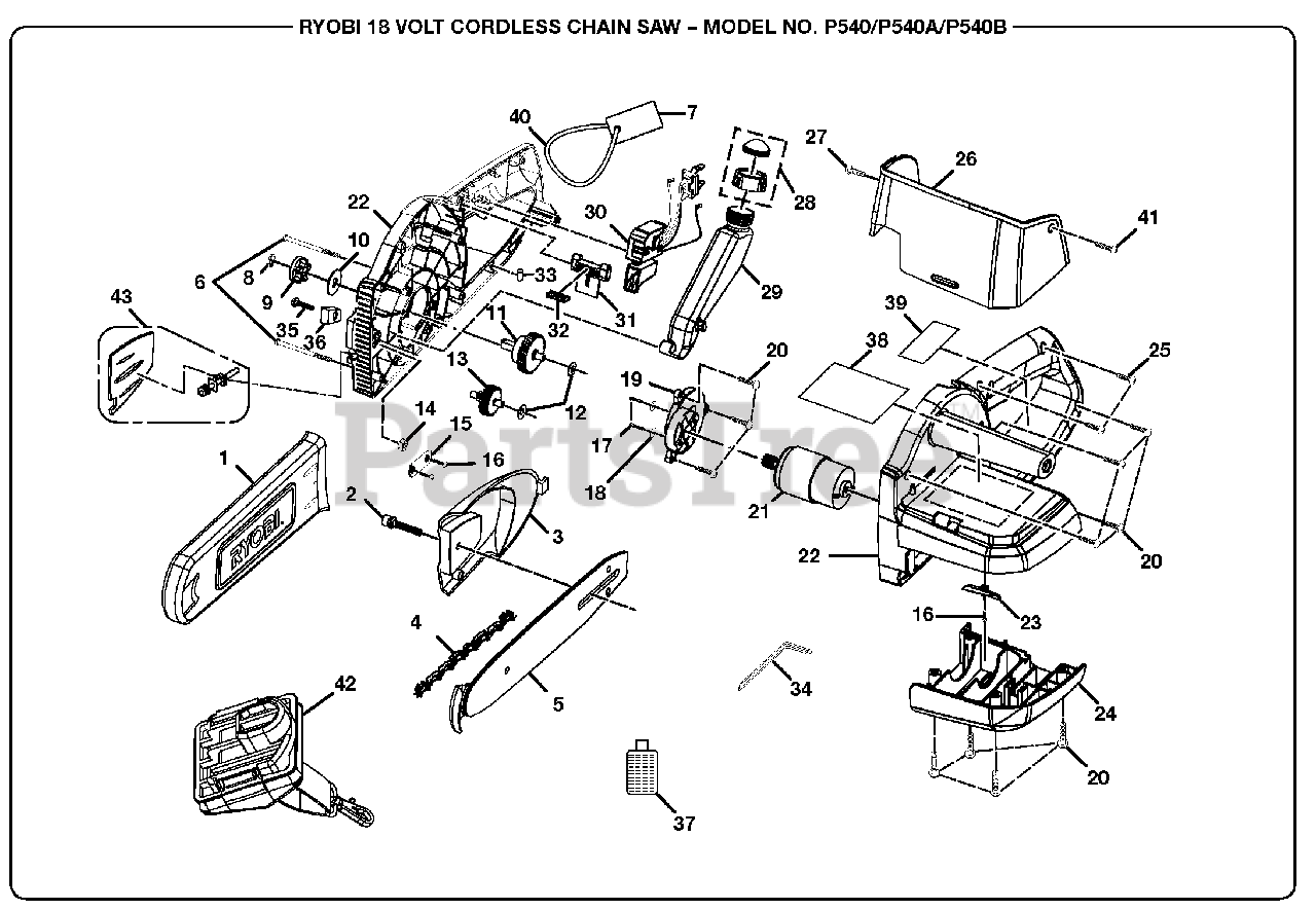 Ryobi P 540 B Ryobi Chainsaw 18 Volt General Assembly