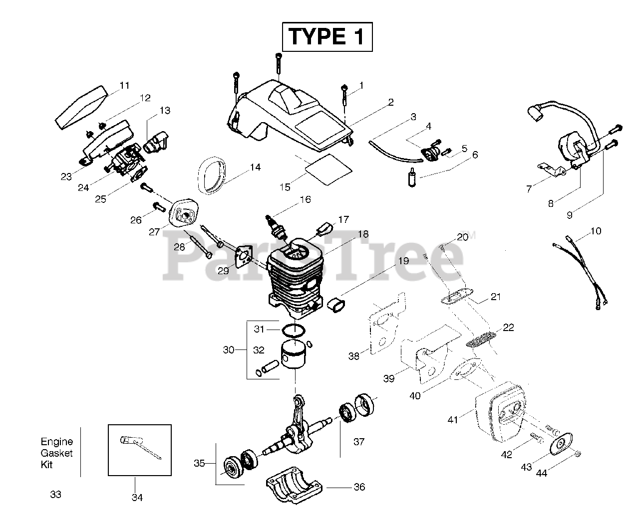 Poulan 2055 LE - Poulan Woodsman Chainsaw (Type 1) Engine Assembly Type ...