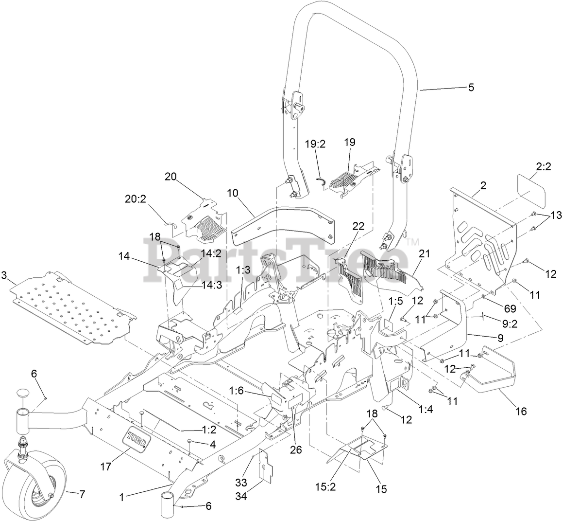 Toro 74916 5000 Toro 72 Z Master Zero Turn Mower Side Discharge Deck SN 313000001 313999999 2013 FRAME AND CASTER WHEEL ASSEMBLY Parts Lookup with Diagrams PartsTree