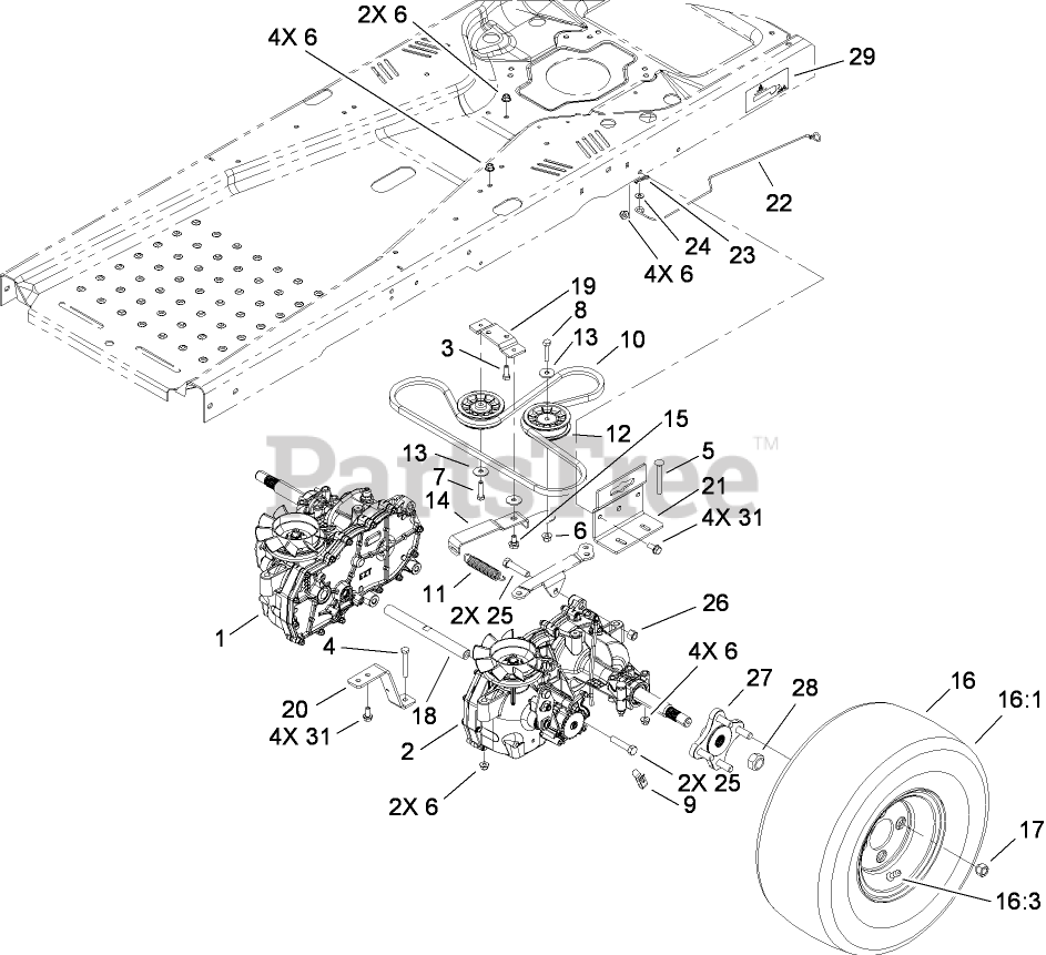 Toro Parts on the HYDRO DRIVE ASSEMBLY Diagram for 74370 (Z 5000
