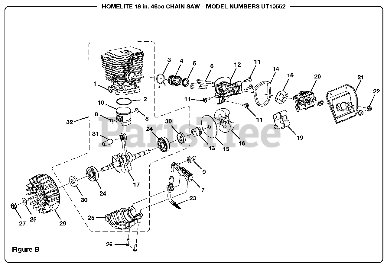 Homelite UT10552 Homelite 18" Chainsaw, 46cc Figure B Parts Lookup