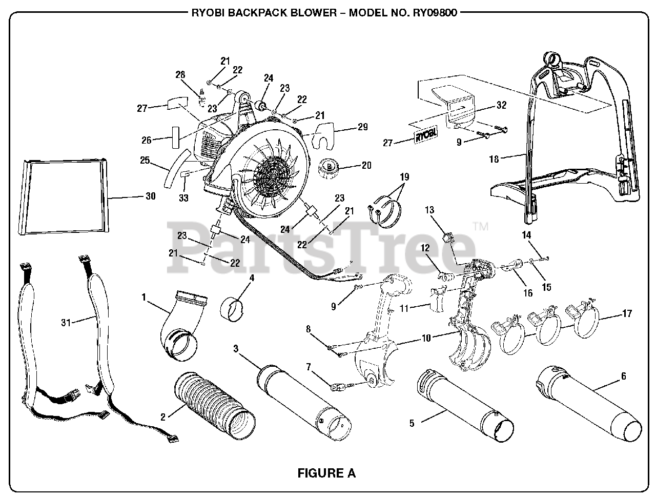 Ryobi RY 09800 Ryobi Backpack Blower Figure A Parts Lookup with
