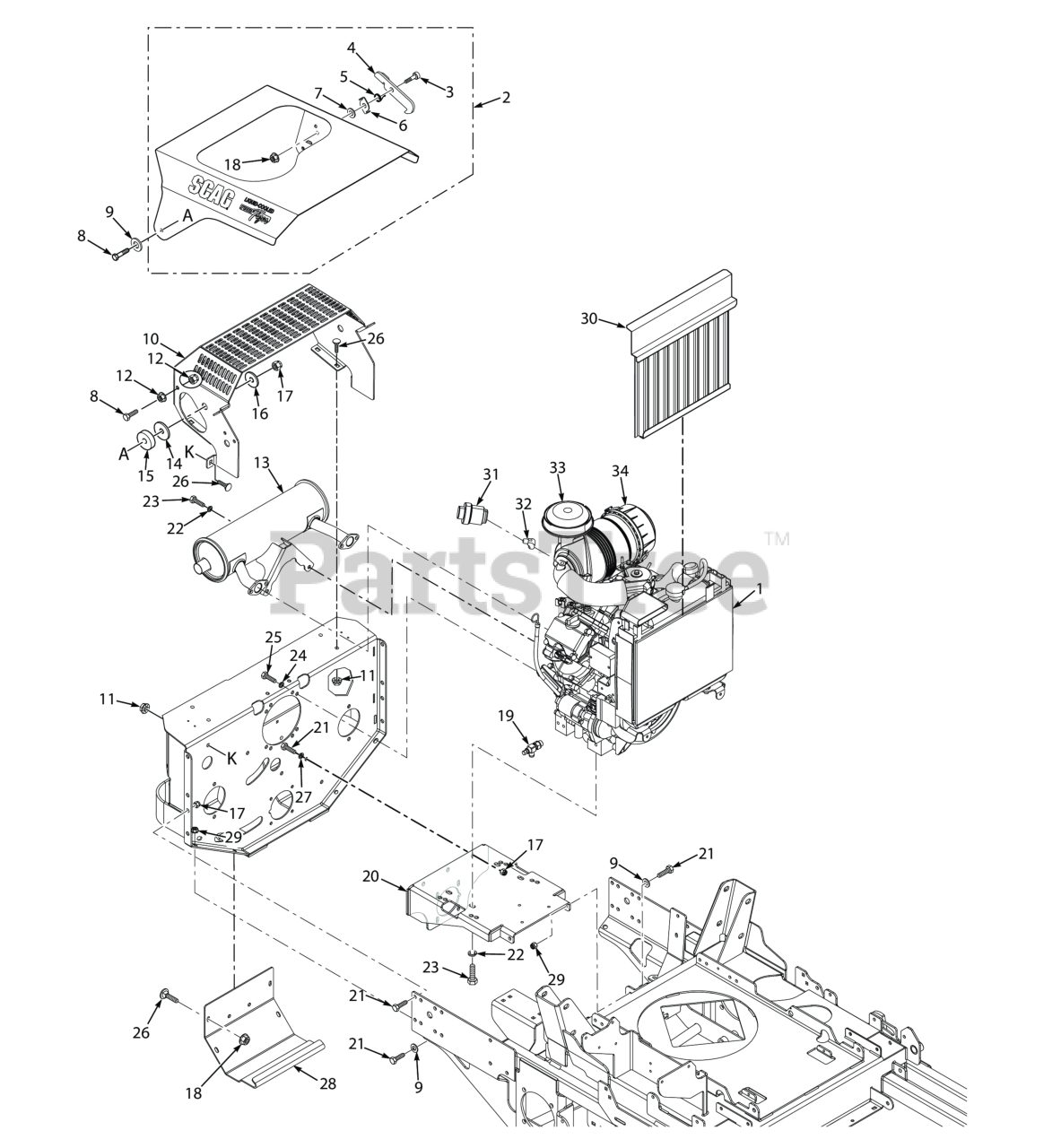 Scag STTII 61V 31DFI Scag Turf Tiger II 61 Zero Turn Mower 31hp Kawasaki SN R0800001 R0899999 STTII ENGINE ATTACHING PARTS LIQUID COOLED GASOLINE Parts Lookup with Diagrams PartsTree