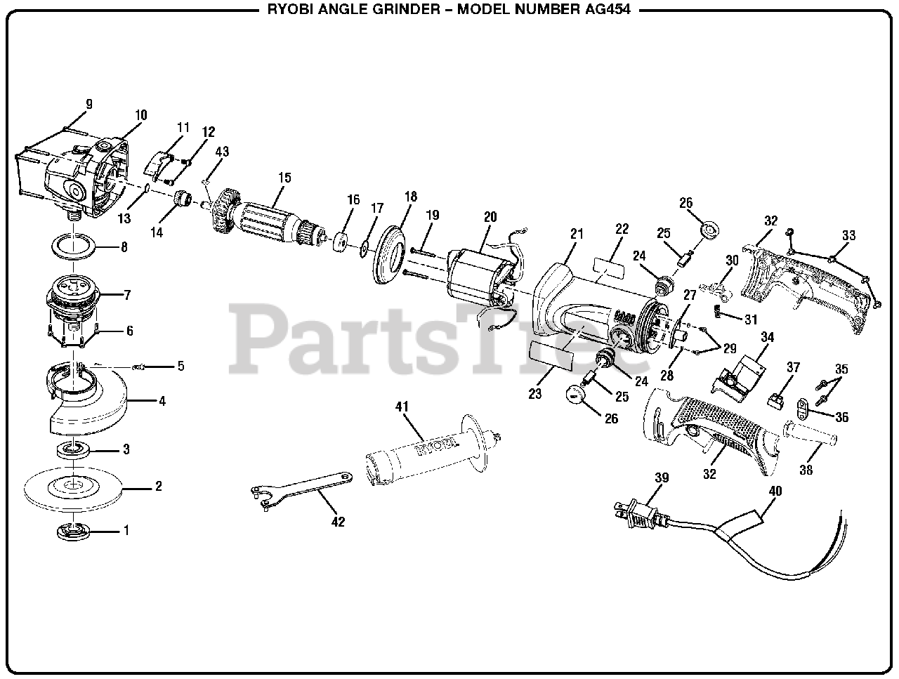 Ryobi AG 454 Ryobi Angle Grinder General Assembly Parts Lookup with