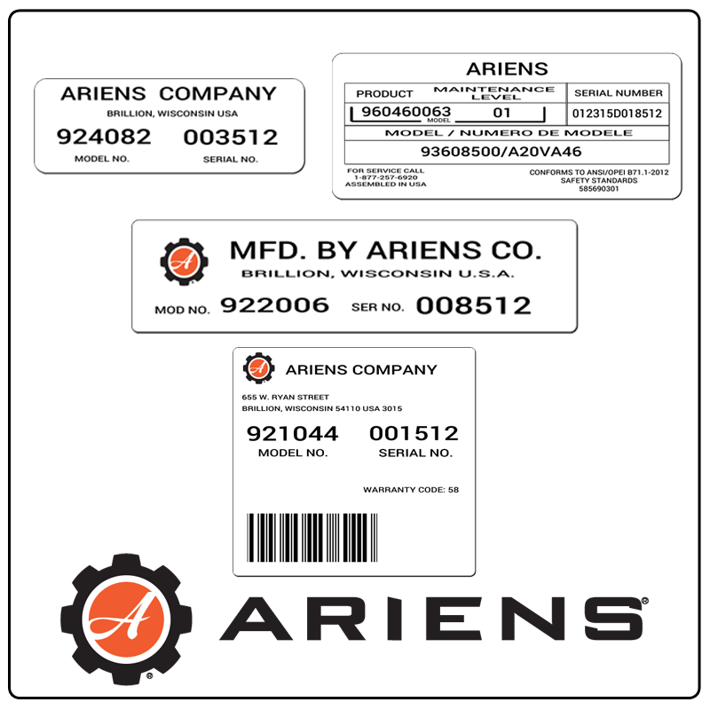 examples of what Ariens model tags usually look like and a large Ariens logo