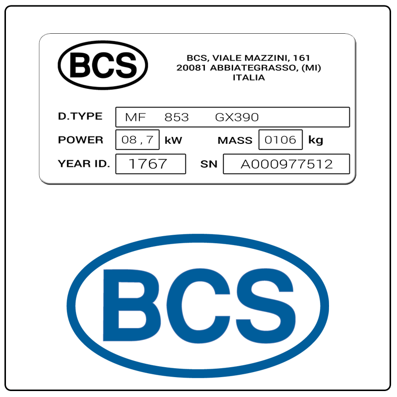examples of what BCS America model tags usually look like and a large BCS America logo