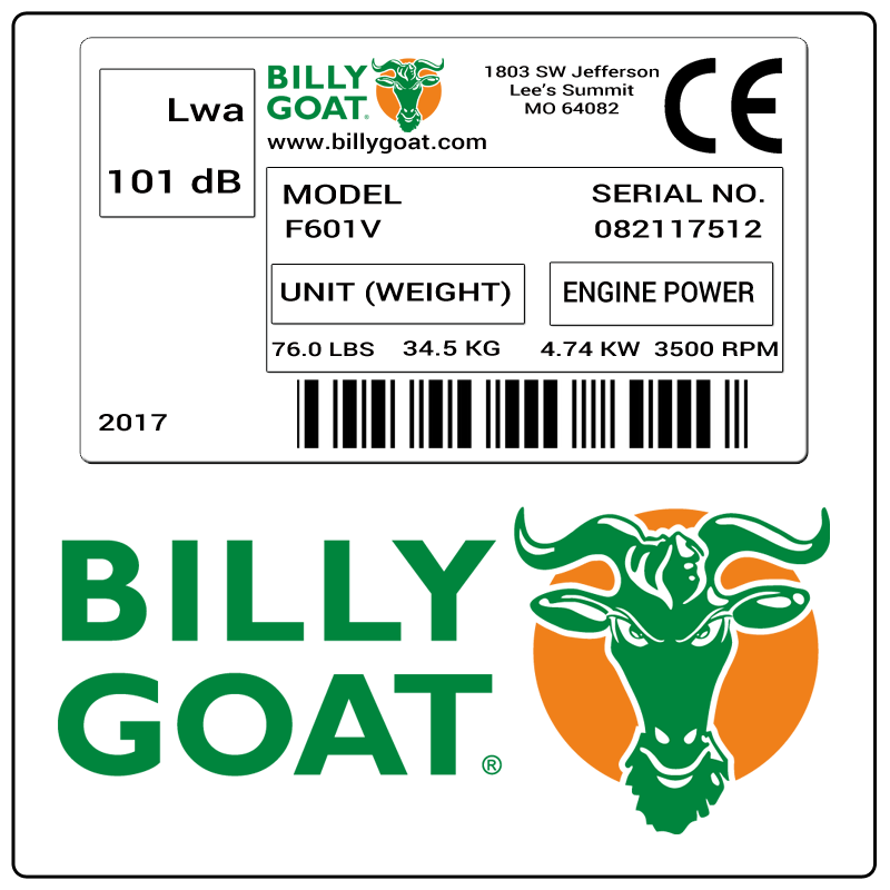 examples of what Billy Goat model tags usually look like and a large Billy Goat logo