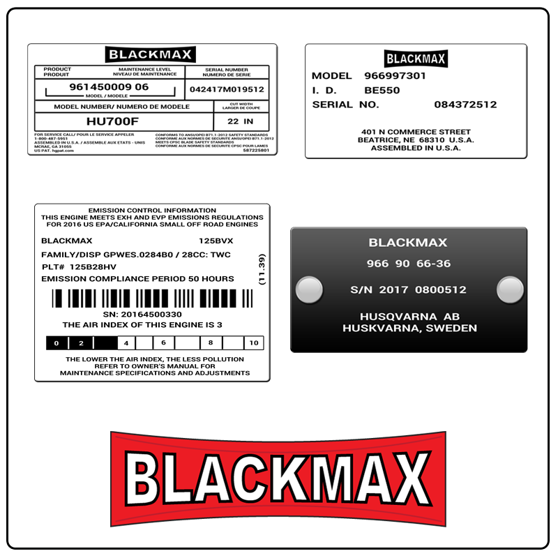 examples of what Black Max model tags usually look like and a large Black Max logo