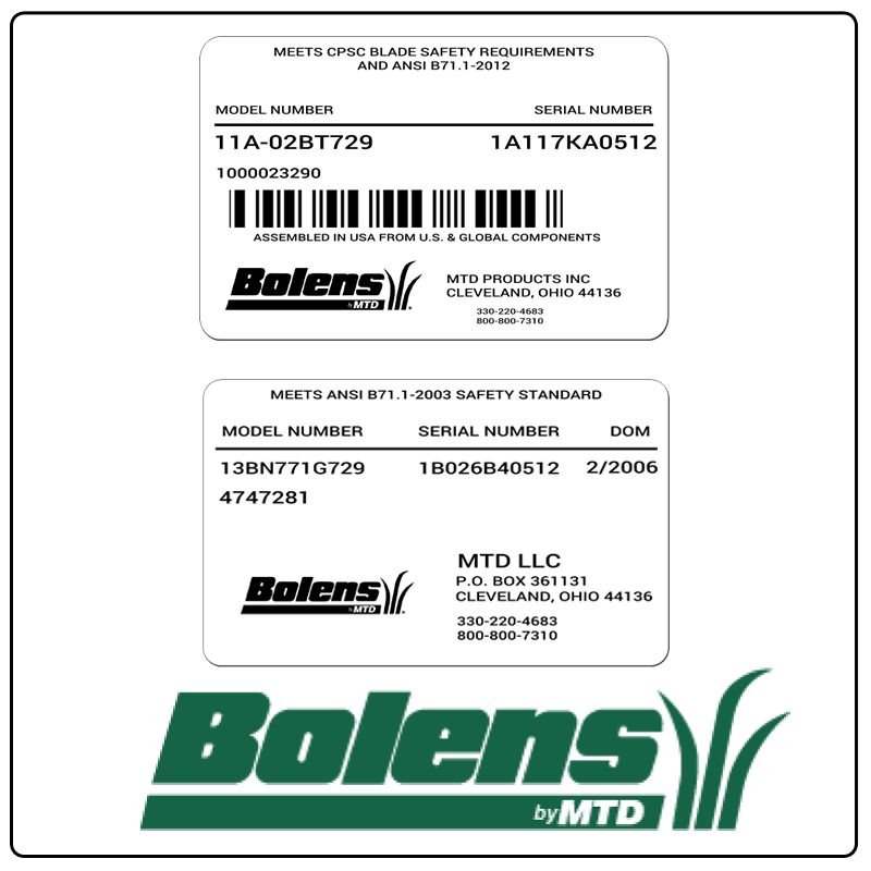 examples of what Bolens model tags usually look like and a large Bolens logo
