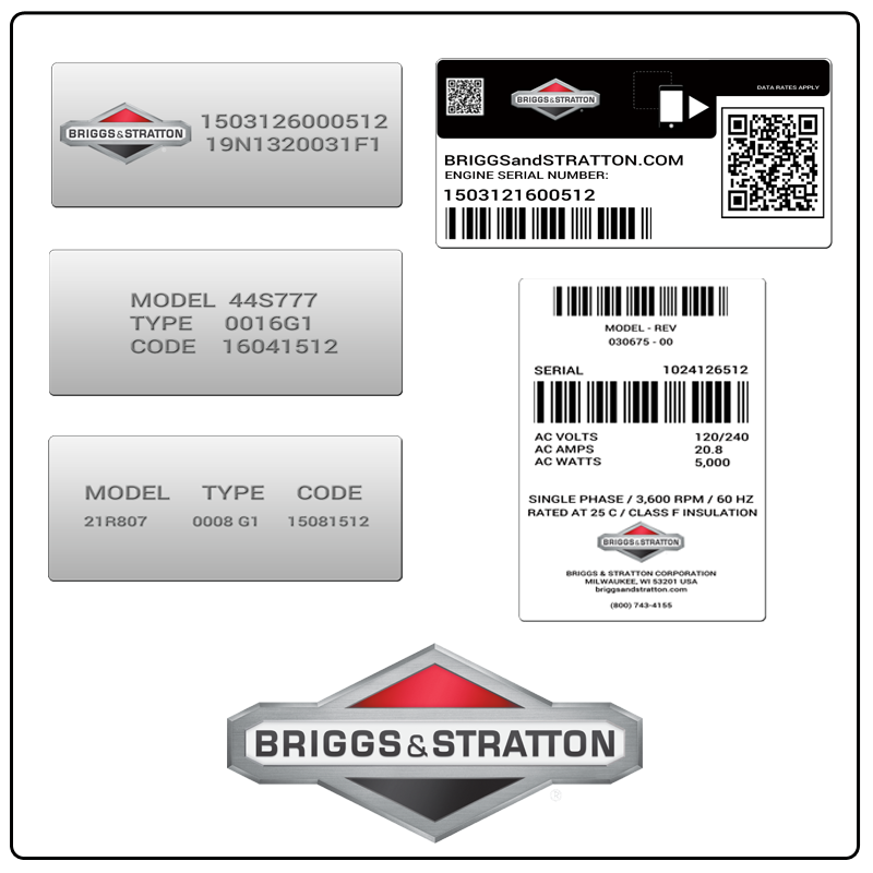 examples of what Briggs & Stratton model tags usually look like and a large Briggs & Stratton logo