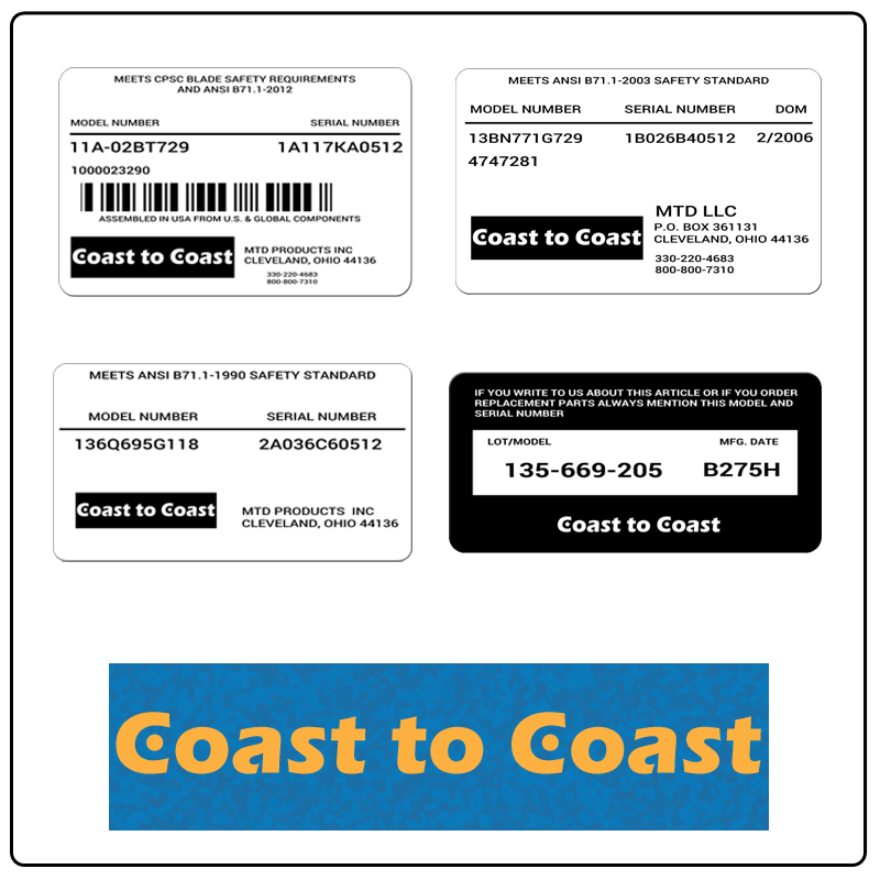 examples of what Coast to Coast model tags usually look like and a large Coast to Coast logo