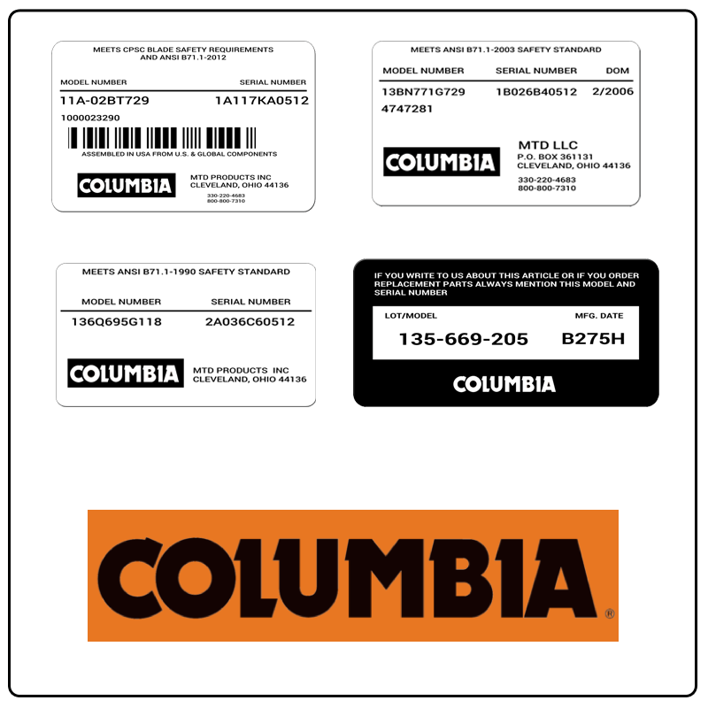 examples of what Columbia model tags usually look like and a large Columbia logo