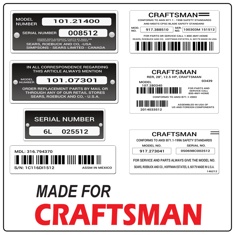 examples of what Craftsman model tags usually look like and a large Craftsman logo