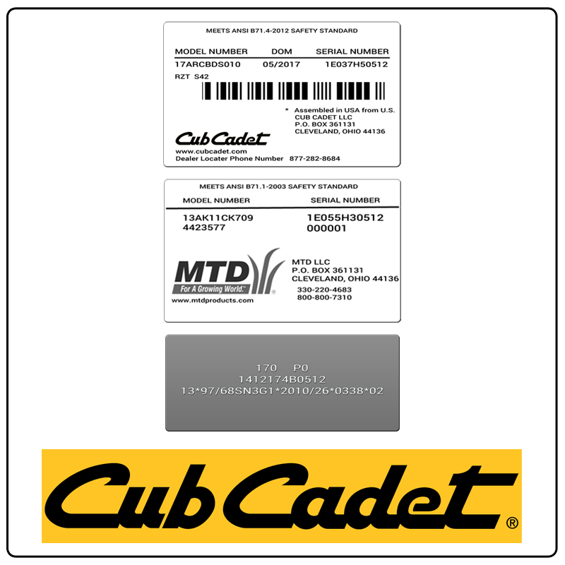 examples of what Cub Cadet model tags usually look like and a large Cub Cadet logo