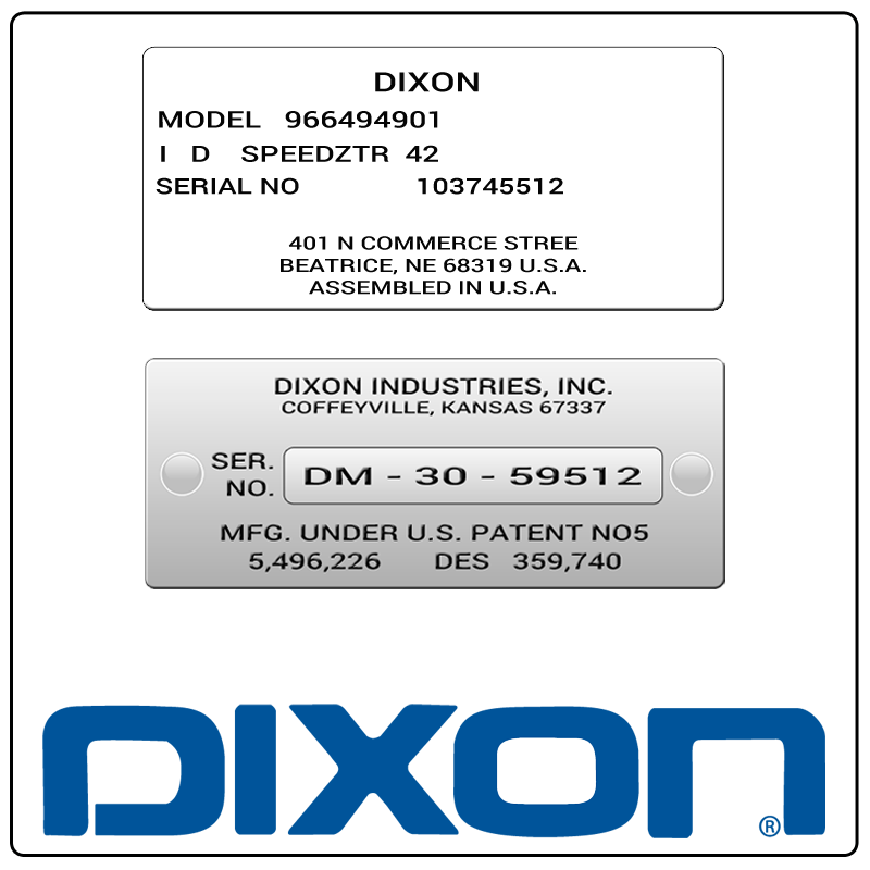 examples of what Dixon model tags usually look like and a large Dixon logo