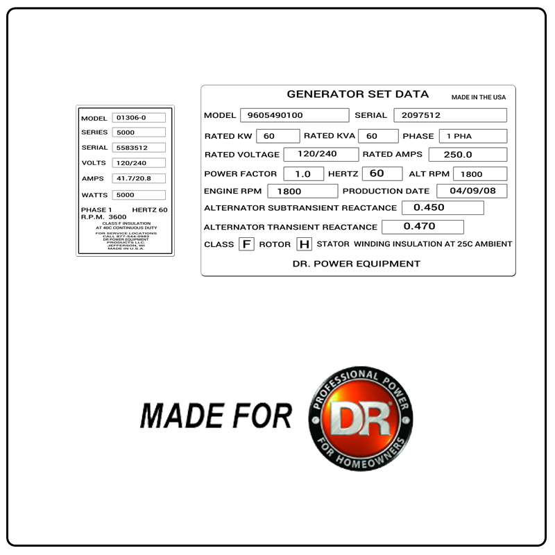 examples of what DR Power model tags usually look like and a large DR Power logo