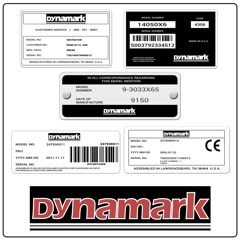 examples of what Dynamark model tags usually look like and a large Dynamark logo