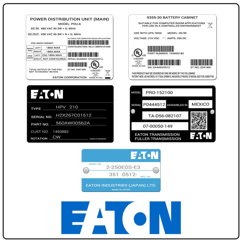 examples of what Eaton model tags usually look like and a large Eaton logo