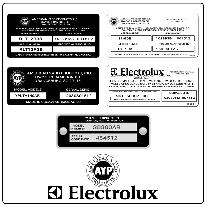 examples of what Electrolux/AYP model tags usually look like and a large Electrolux/AYP logo