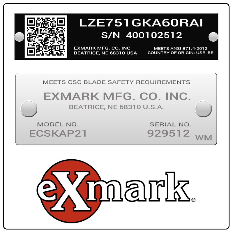 examples of what Exmark model tags usually look like and a large Exmark logo