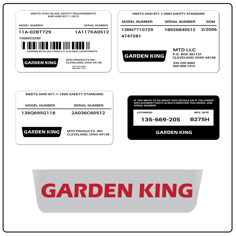 examples of what Garden King model tags usually look like and a large Garden King logo