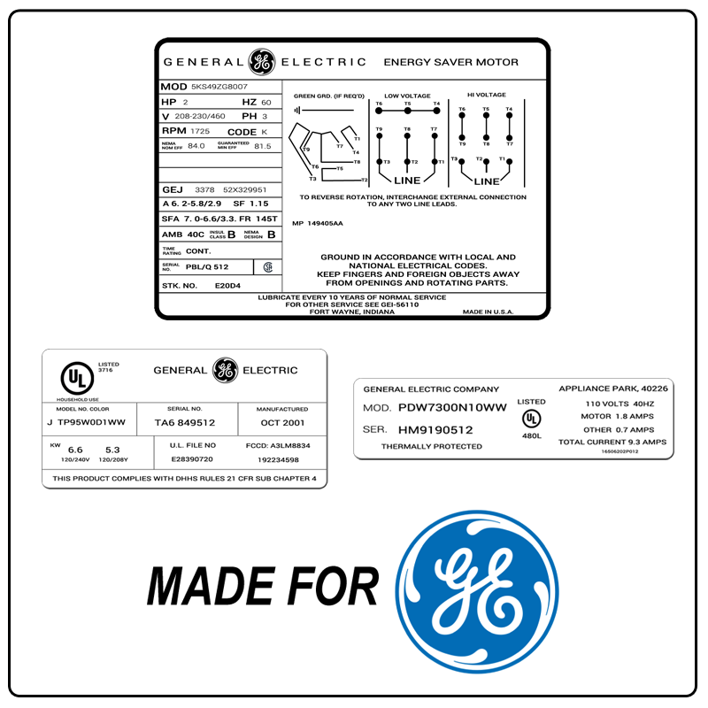 examples of what General Electric model tags usually look like and a large General Electric logo