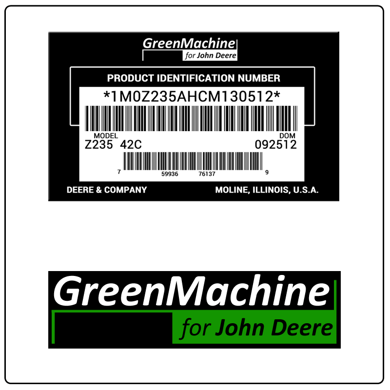 examples of what Green Machine model tags usually look like and a large Green Machine logo