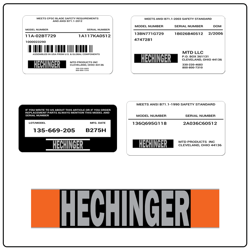 examples of what Hechinger model tags usually look like and a large Hechinger logo
