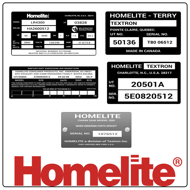 examples of what Homelite model tags usually look like and a large Homelite logo