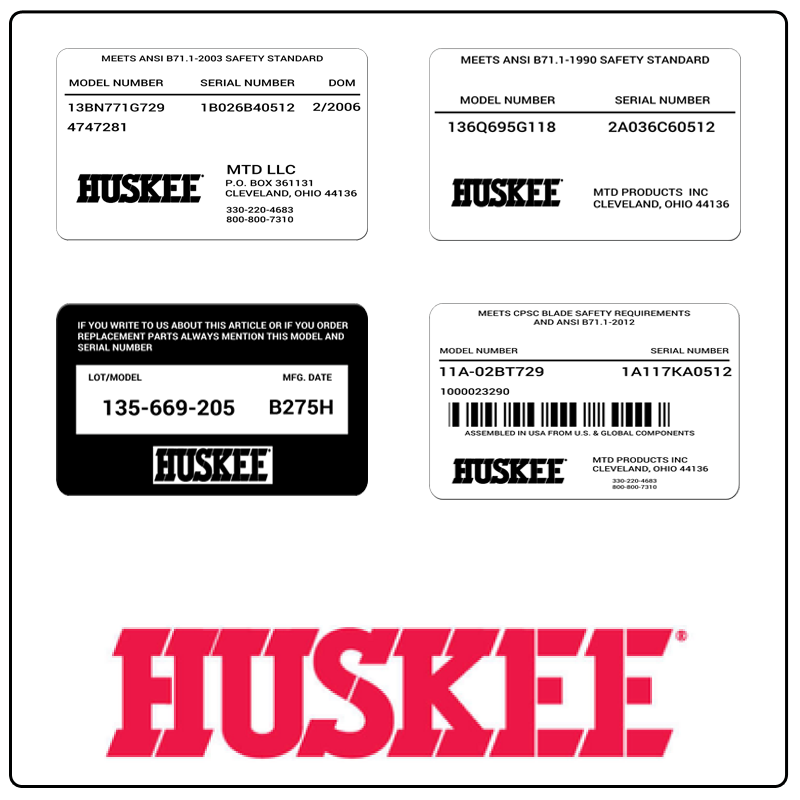 examples of what Huskee model tags usually look like and a large Huskee logo