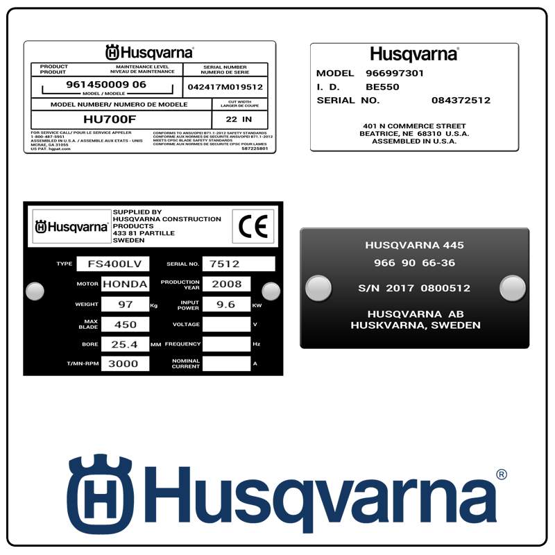 examples of what Husqvarna model tags usually look like and a large Husqvarna logo